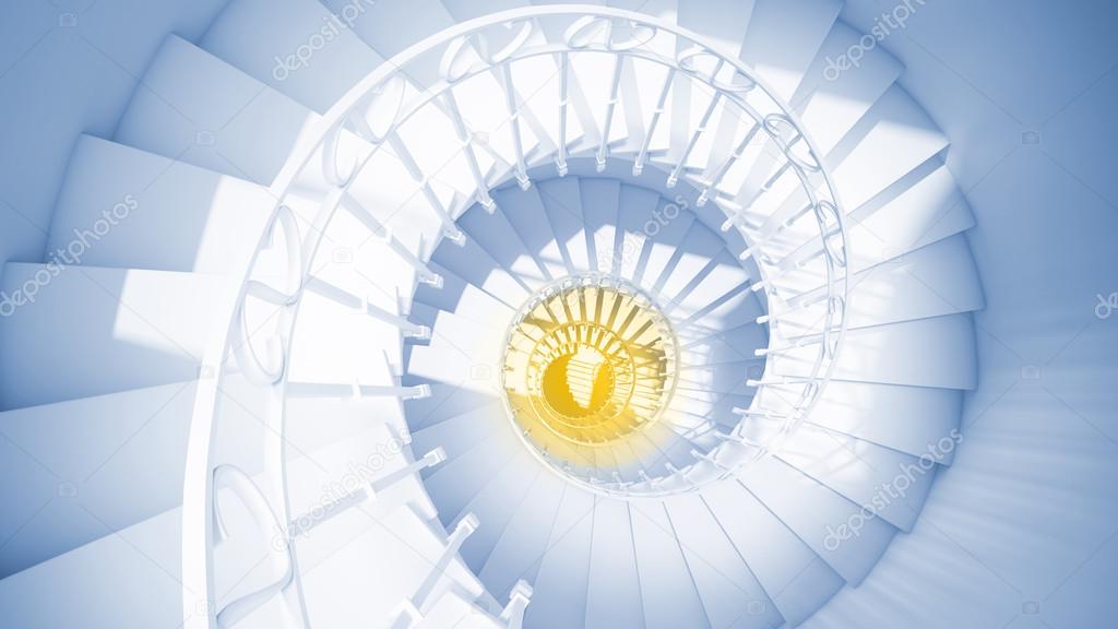 Blue spiral stairs with rails in sun light and yellow center abstract