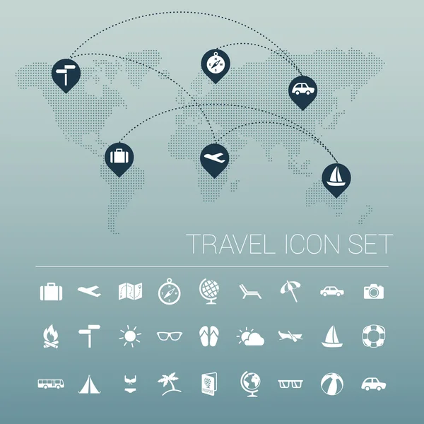 Conjunto de iconos de viaje blanco y mapa del mundo — Vector de stock