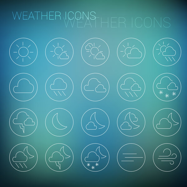 White weather icon set in circles and blurred background