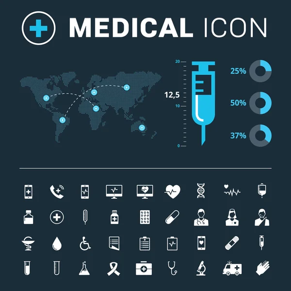 Medizinisches Icon Set mit großer Spritze und Weltkarte auf dunklem Hintergrund — Stockvektor