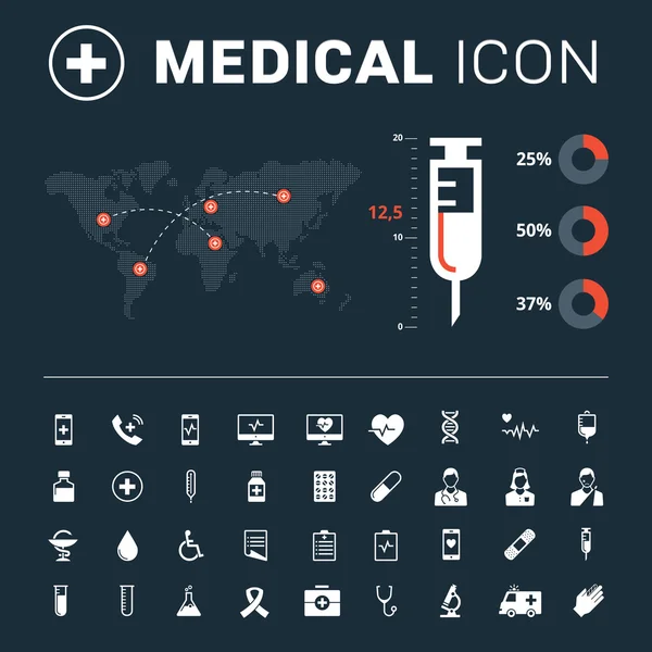 Ícone médico definido com seringa grande e mapa do mundo em fundo escuro —  Vetores de Stock