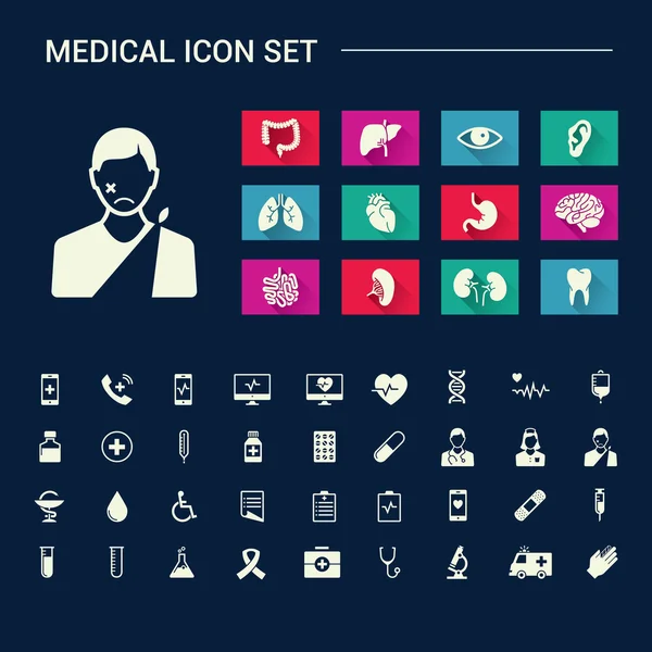 Lékařská lidské orgány a lékařské ikonky se smutnou tváří na tmavém pozadí — Stockový vektor