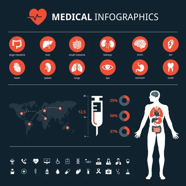 医学人体器官图标与人体和世界地图信息图形设置 — 图库矢量图片