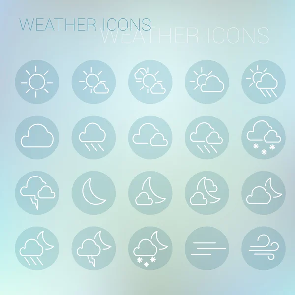 Weather icon set in blue circles and light blurred background — Stock Vector