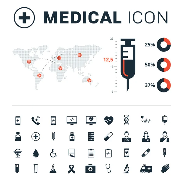 Medische pictogrammenset met grote spuit en kaart van de wereld op witte achtergrond — Stockvector