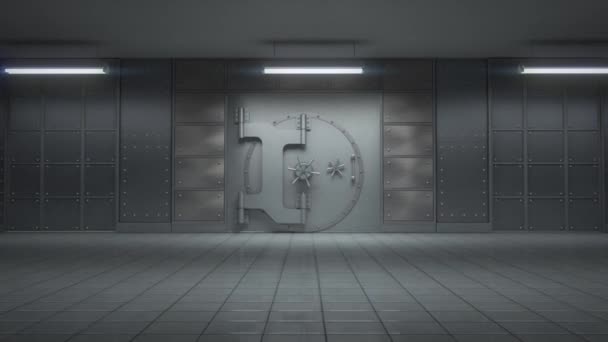 3d animation of opening a huge empty bank vault with camera going toward — Stock Video