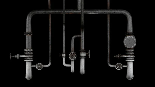 Ensemble de vieux tuyaux et vannes rouillés isolés sur fond noir — Photo