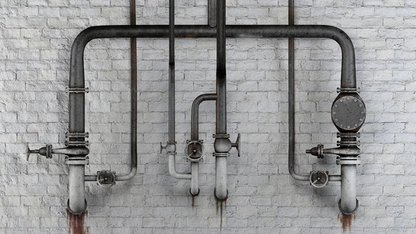 Ensemble de vieux tuyaux et vannes rouillés contre le mur de briques classiques blanches avec des taches de fuite — Photo