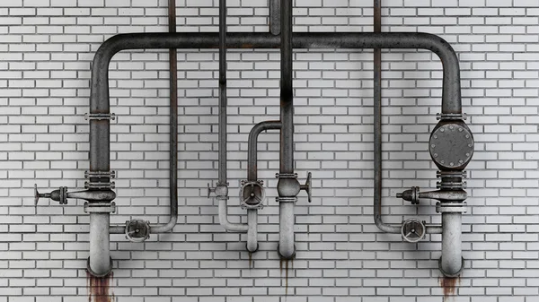 Ensemble de vieux tuyaux et vannes rouillés contre le mur de brique moderne blanc avec des taches de fuite — Photo