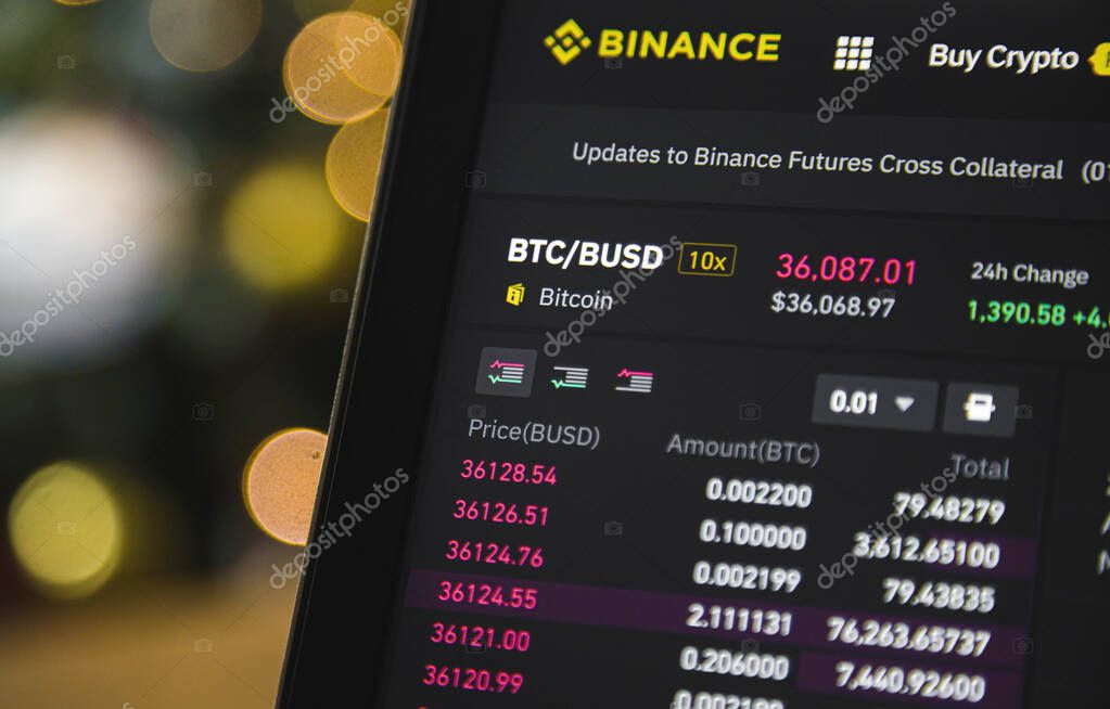 Moscow, Russia - 14.01. 2021: Bitcoin BTC on stack of cryptocurrencies with Binance coin logo in background