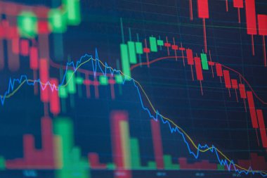Mavi Arkaplanda Borsa Çizelgesi. Hisseler düşüyor ve stoklanıyor
