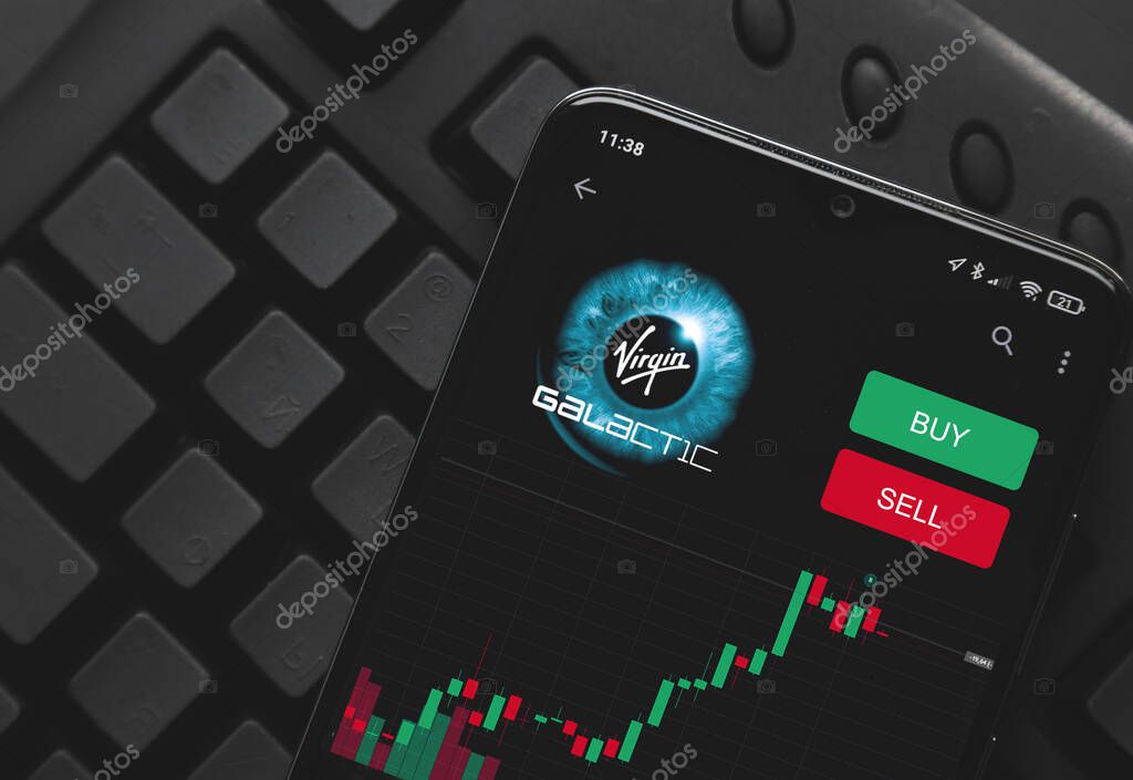 Ufa, Russia - March 10 , 2021: Logo virgin galactic on screen smartphone. rise and fall of on the stock exchange. buying and selling