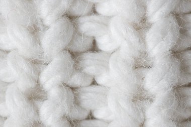 Makro fotoğraf, beyaz yün örgü yakın plan.