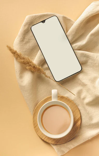 Mocka upp skärmen smartphone på beige natur bakgrund. Minimal företagsram och tomt displaykoncept för presentation. Platt ligg, ovanifrån — Stockfoto