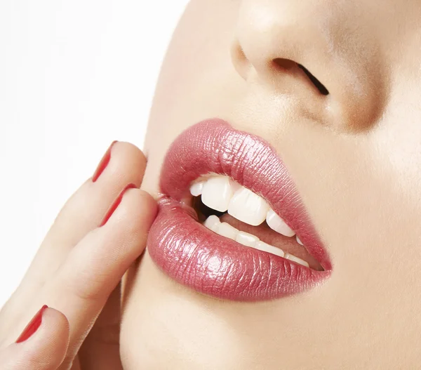 Mouth with pink lipstick — Stock Photo, Image