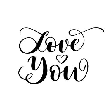 Love You elle çizilmiş, kalpten bir alıntı. Sevgililer Günü tebrik kartları, posterler, romantik baskılar ve davetiyeler için vektör illüstrasyonu. Beyaz arkaplanda izole