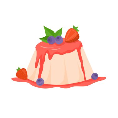 İtalyan panna cotta tatlısı, çilek şurubu, taze çilek ve yabanmersini. Böğürtlen soslu vanilyalı puding. Düz vektör çizimi beyaz arkaplanda izole edildi.