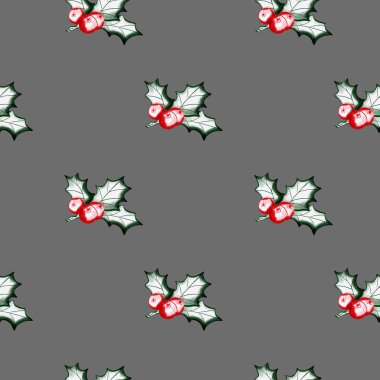 Tekrarlanan bir tasarım, gri bir zemin üzerinde kutsal yapraklar ve canlı kırmızı böğürtlenler sergiliyor. Tatil temalı dekorasyonlar veya el işi projeleri için mükemmel..