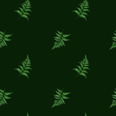 Bu tasarım, koyu bir arkaplan üzerine kurulmuş canlı yeşil eğrelti otlarının tekrarlanan bir kalıbını içerir. Doğa temalı projeler, tekstil veya duvar kağıtları için mükemmel..