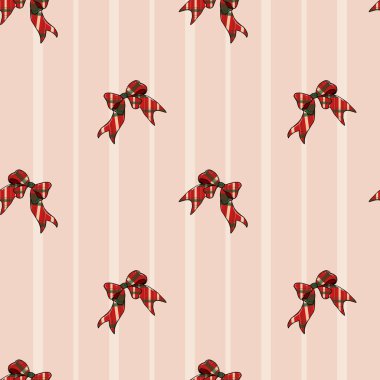 Bu neşeli tasarım yumuşak pembe çizgili arka planda neşeli kırmızı fiyonklar içerir. Sıcak ve neşeli bir atmosfer yaratıyor. Tatil süslemeleri ya da hediye paketlemeleri için mükemmel..