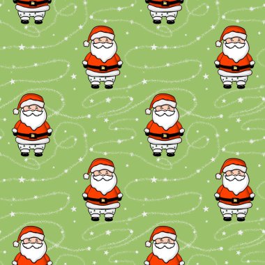 Tekrarlanan tasarım vitrinlerinde birden fazla Noel Baba figürü kırmızı ve siyah giyinmiş, açık yeşil bir zemin üzerine kurulmuş, girdap ve yıldızlarla süslenmiş, neşeli bir atmosfer yaratıyor..