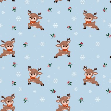 Beyaz kar taneleri ve yeşil çiçeklerle çevrili açık mavi bir zemin üzerinde atlayan küçük geyikler, bayram temalı etkinlikler veya tasarımlar için uygundur..