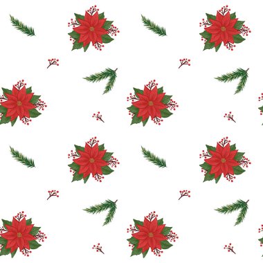 Beyaz arkaplanda kırmızı çiçekler ve yeşil yapraklar bulunur. Bu tasarım kağıt, kumaş veya tatil süslemeleri için kullanılabilir.