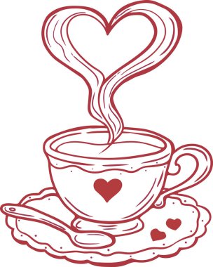 Buhar kalp şeklinde yükselir bir fincan sıcak içeceğin üzerine yerleştirilmiş küçük kalplerle.