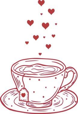 Sıcak bir fincan çay, üzerinde kalpler yüzen basit bir tasarım.