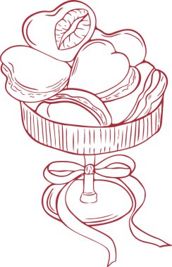 Tatlı standında Kalp Şeklinde Makarnalar, El Çizimi Sanat Çizgisi İllüstrasyonu