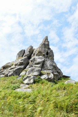 Tustan 'ın kaya kompleksi, antik şehir kalesi. Tepedeki yeşil çimenler, güneşli bir gün, mavi gökyüzü. Karpatlar 'da yaz mevsimi. Lviv oblast, Ukrayna.