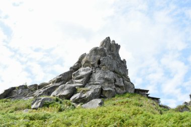 Tustan 'ın kaya kompleksi, antik şehir kalesi. Tepedeki yeşil çimenler, güneşli bir gün, mavi gökyüzü. Karpatlar 'da yaz mevsimi. Lviv oblast, Ukrayna.