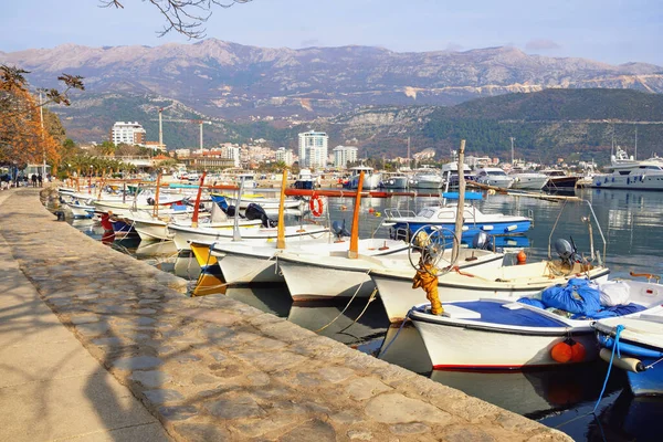 Fishing Boats Water Beautiful Winter Mediterranean Landscape Montenegro Adriatic Sea — Stock Photo, Image
