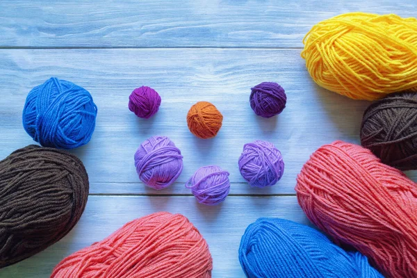 Hobbies Knitting Concepts Colorful Skeins Balls Wool Rustic Table Space Royalty Free Stock Photos