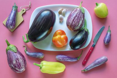 Farklı sebzeler - patlıcanlar ve dolmalık biberler - pembe arka planda. Düz la