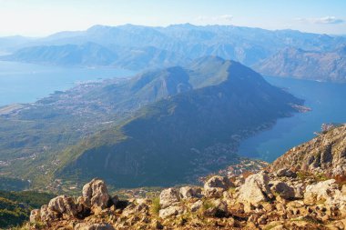Beautiful mountain landscape. Montenegro, Dinaric Alps. View of  Bay of Kotor and Vrmac mountain between Kotor city and Tivat city