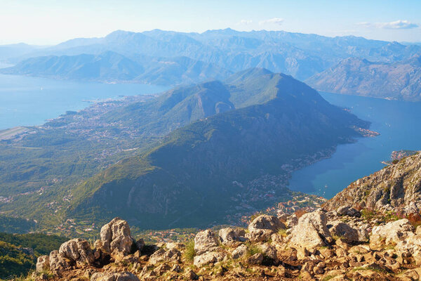 Beautiful mountain landscape. Montenegro, Dinaric Alps. View of  Bay of Kotor and Vrmac mountain between Kotor city and Tivat city