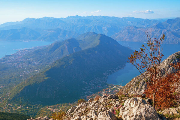 Красивый средиземноморский пейзаж. Монтенегро. Вид на залив Котор и гору Врмач - гору между городами Тиват и Котор - в солнечный осенний день