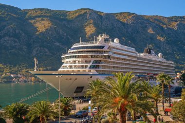 Kotor, Karadağ - 05 Kasım 2025: Kotor Koyu, güneşli sonbahar gününde Karadağ 'ın Kotor kenti limanında SEA yolcu gemisi VIking