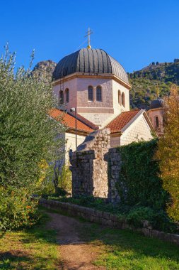 Montenegro, Old Town of Kotor. Orthodox Church of St. Nicholas on sunny autumn day, view from Town Wall  