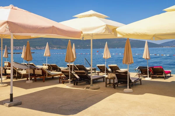 Yaz tatili. Güneşli Akdeniz manzarası. Karadağ, Kotor Körfezi. Sabahları Tivat yakınlarında şezlongları ve plaj şemsiyeleri olan bir sahil.