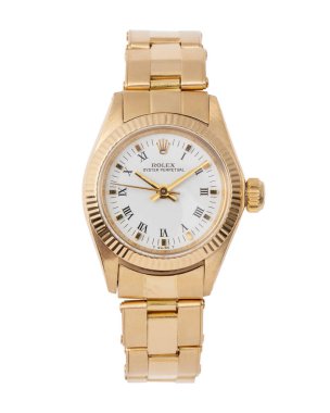 Rolex saat, istiridye daimi model, 1975 yılı, referans 6719, beyaz kadranlı 18 kt sarı çanta. Milan mı? İtalya, 18 Nisan 2025