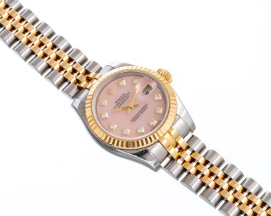 Rolex otomatik kurmalı saat, sadece Lady modeli, referans 179173, çelik ve sarı altın çanta ve elmas indeksleri. İtalya, 14 Nisan 2025