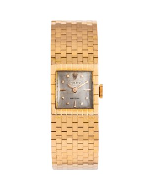 Rolex el yaralanması saat, kemer modeli, referans 8209, tütsülenmiş arama ve tokalı 18 kt altın çanta. Milan mı? İtalya 1 Eylül 2025