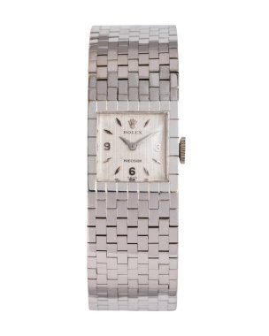 Rolex elle kumandalı saat, kemer modeli, referans 8209, tokalı 18kt beyaz altın çanta. Milan mı? İtalya 1 Eylül 2025