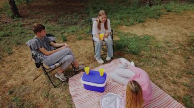 Genç arkadaşlar, serin ve renkli bardakları görünen çimenli bir alandaki çizgili bir battaniyede piknik yapmak için bir araya gelirler, sakin bir açık hava ortamında, bir ağacın altında katlanan sandalyelerde otururken.