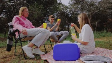 Üç genç arkadaş dışarıda, pembe kazaklı bir kadının battaniyeye oturmuş, arka planda ağaçlarla dolu güneşli bir günün tadını çıkarırken bir diğerine içkisini uzatmasıyla rahatlıyor.