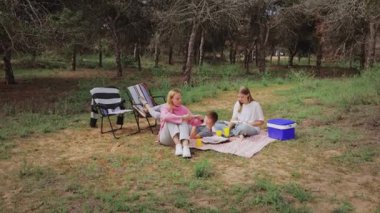 İki kadın ve bir çocuk bir battaniyeye oturup ağaçlarla çevrili çimenli bir alanda pikniğin tadını çıkarıyorlar.