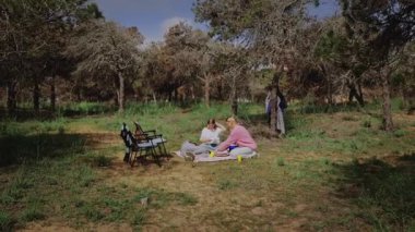 İki kadın ve bir çocuk ormanda bir piknik battaniyesinde oturur, ağaçlar ve çimlerle çevrili iken birbirleriyle çarpışırlar, rahat etmek için yakınlarına katlanır sandalyeler koyarlar.