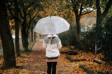 Neşeli bir kadın şeffaf bir şemsiyeyle parkta yürüyor, güzel sonbahar havasının tadını çıkarıyor.